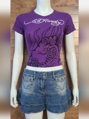 Y2K Ed Hardy Style Purple Rhinestone Snake Tee